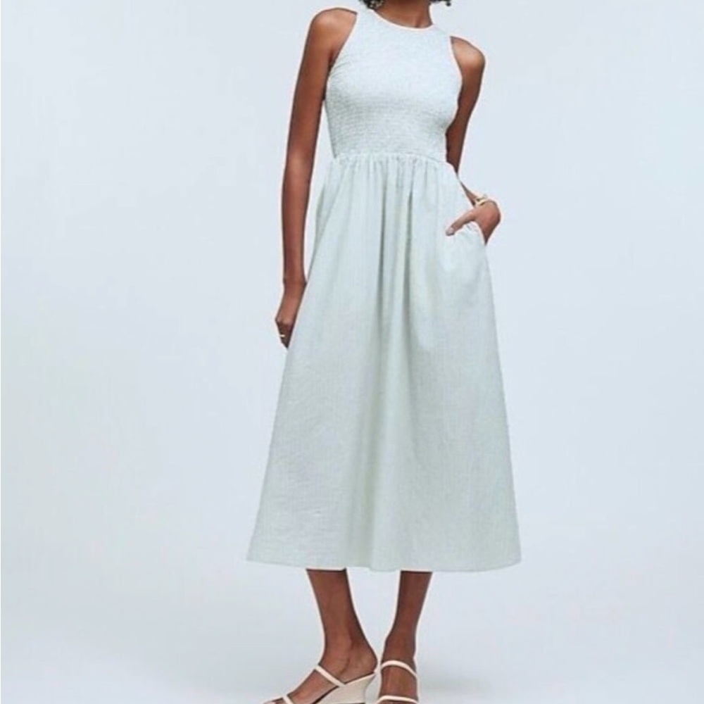 NWT Madewell Melody Smocked Midi Dress Pistachio Green Stripe